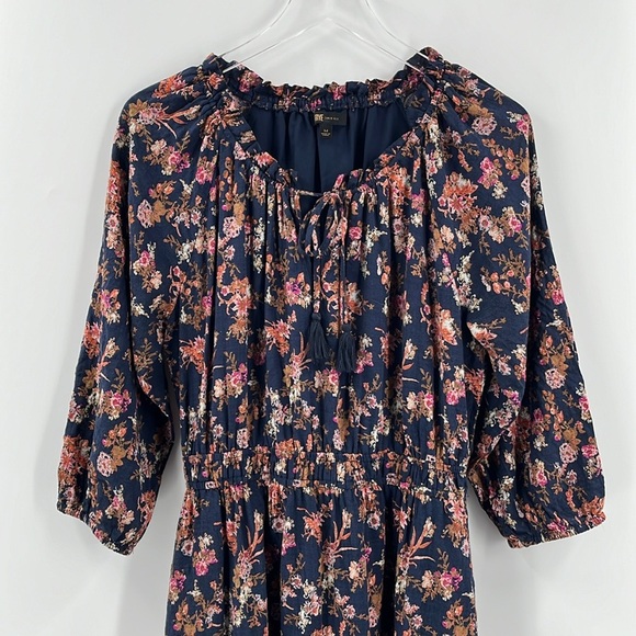 Frye Autumn Bouquet Navy Blue Floral Midi Dress Western Tiered Ruffle Peasant M - Picture 3 of 11